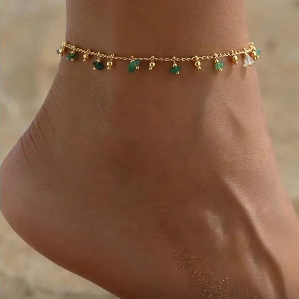 Gold Anklet with Green Charms R152
